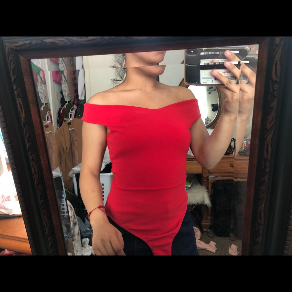Red over the shoulder bodysuit